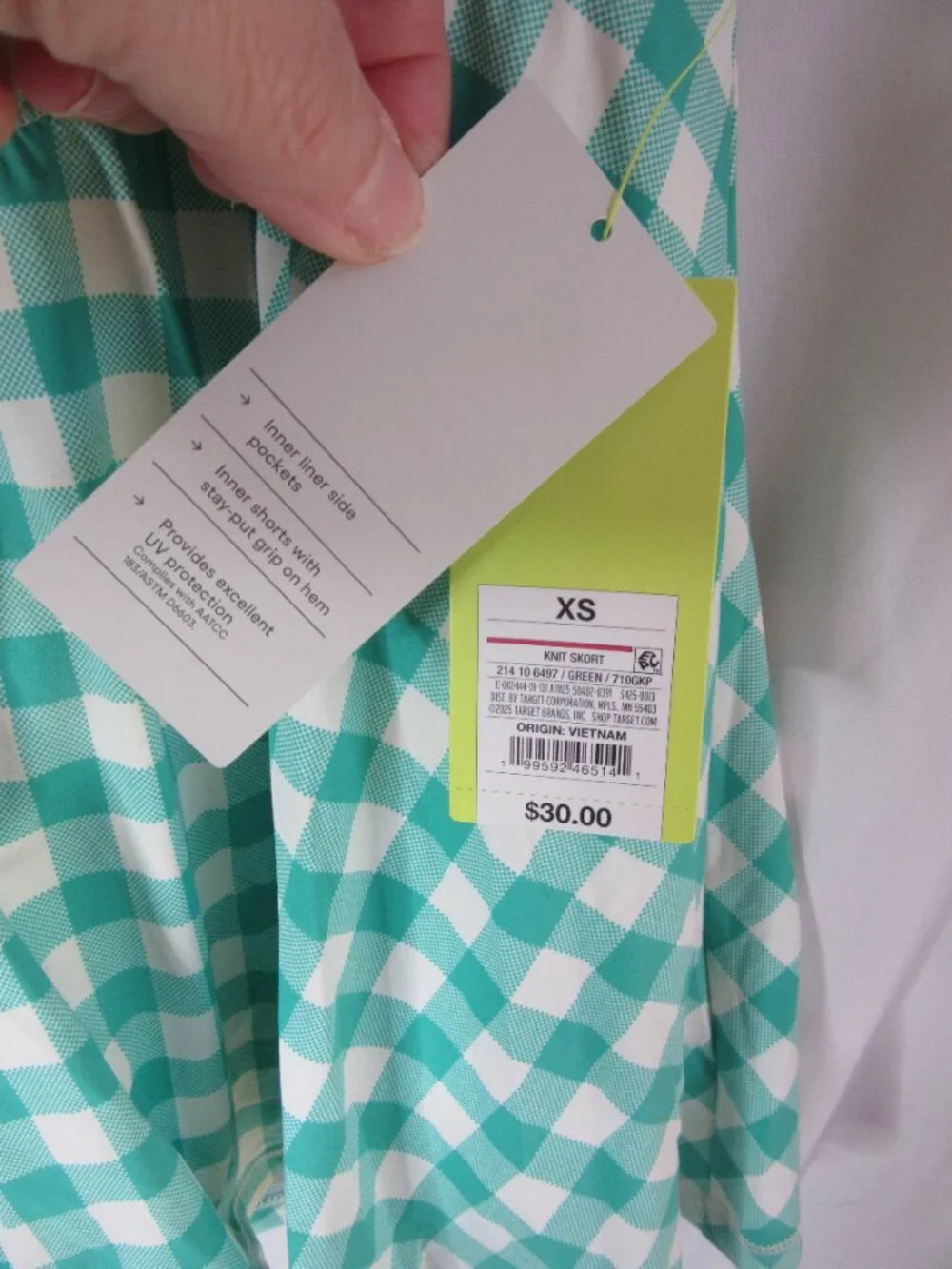 All in Motion 2 Piece Active Set Skort Halter Green White Gingham Size XS NWT